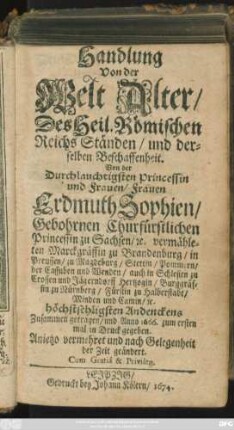 Handlung Von der Welt Alter/ Des Heil. Römischen Reichs Ständen/ und derselben Beschaffenheit
