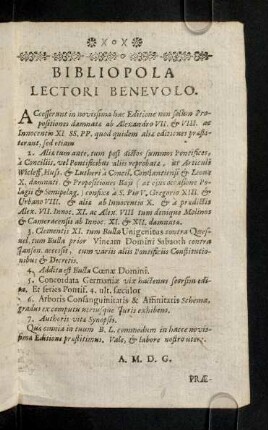 2r-2r, Bibliopola Lectori Benevolo.