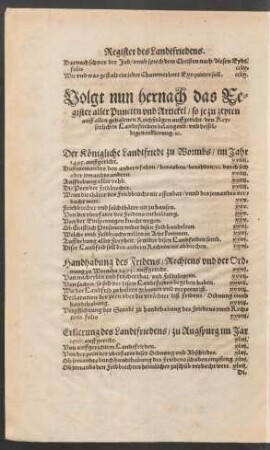 Volgt nun hernach das Register aller Puncten und Artickel/ so je zu zeyten auff allen gehaltnen Reichßtägen auffgericht/ den Keyserlichen Landtfrieden belangend ...