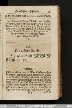XVI. Der andere Artickel. Ich gläube an Jesum Christum. [et]c.