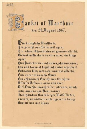 Menükarte : Banket auf Wartburg, Wartburg