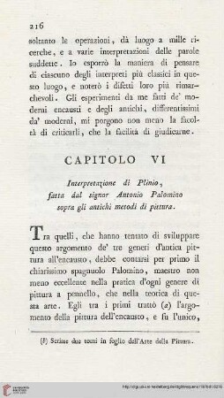 Capitolo VI: Interpretazione di Plinio, fatta dal signor Antonio Palomino sopra gli antichi metodi di pittura