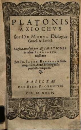 Platonis Axiochus sive de Morte dialogus : Graece et latine ...