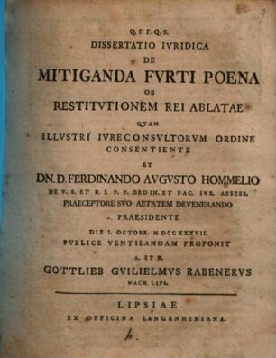 Dissertatio Ivridica De Mitiganda Fvrti Poena Ob Restitvtionem Rei Ablatae