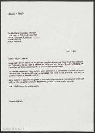 Brief an Giuseppe Gherpelli an Teatro Comunale (Modena), 11.03.2004