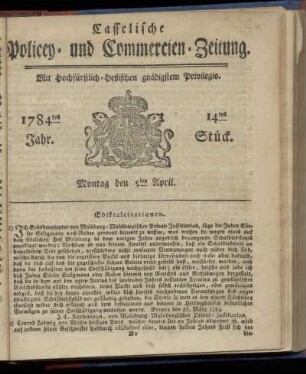 14tes Stueck, Montag den 5ten April. 1784