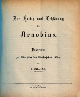 Zur Kritik und Erklärung des Arnobius