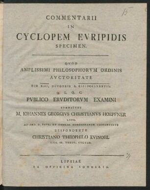 Commentarii In Cyclopem Evripidis Specimen