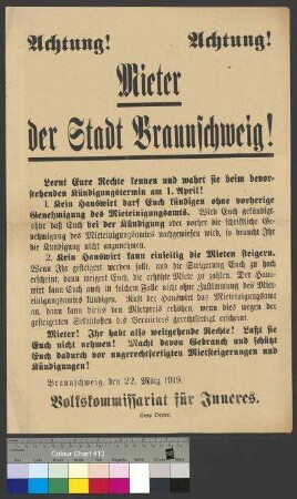 Bekanntmachung des Arbeiter- und Soldatenrates Braunschweig zur Kündigung von Mietern und zur Steigerung von Mietpreisen