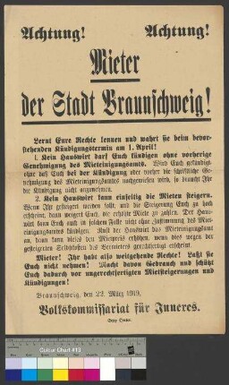 Bekanntmachung des Arbeiter- und Soldatenrates                                     Braunschweig zur Kündigung von Mietern und zur Steigerung von                                     Mietpreisen