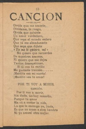 Por tí voy a morir. : Canción.