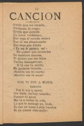 Por tí voy a morir. : Canción.