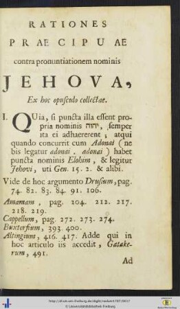 Rationes Praecipuae contra pronuntitionem nominis Jehova, Ex hoc opusculo collectae.