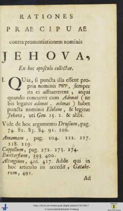 Rationes Praecipuae contra pronuntitionem nominis Jehova, Ex hoc opusculo collectae.