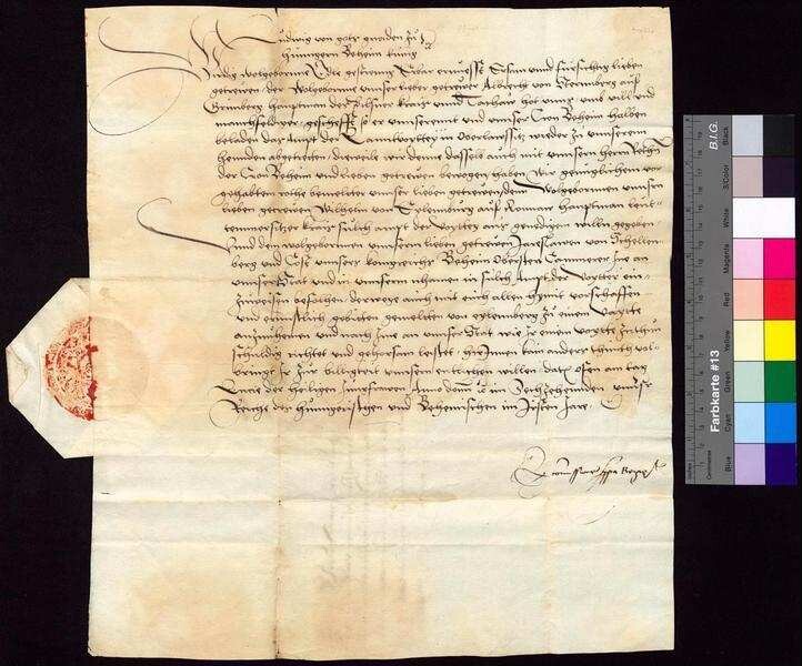 König Ludwig II. von Ungarn und Böhmen teilt den Ständen seines Markgraftums Oberlausitz (Prälaten, Herren, Ritterschaft und Städten) mit, dass er an Stelle des Albrecht von Sternberg (Albrecht von Sternnberg) auf Grünberg, Hauptmann des Pilsener Kreises, Wilhelm von Eilenburg (Wilhelm von Eylennburg) auf Rohnau (Ronnaw), Hauptmann des Leitmeritzer Kreises, zum Landvogt der Oberlausitz ernannt habe und Jaroslaw von Schellenberg, Oberstkämmerer des Königreichs Böhmen, ihn in sein Amt einweisen werde. | Digitalisierung: Stadtarchiv Bautzen