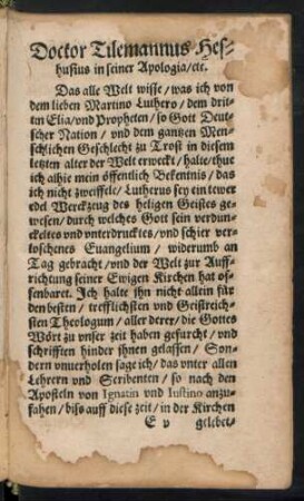 Doctor Tilemannus Heshusius in seiner Apologia/ etc.