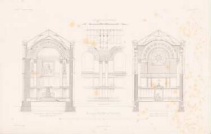 Neuer Friedhof, Karlsruhe: Innenansichten, Details (aus: Atlas zur Zeitschrift für Bauwesen, hrsg. v. G. Erbkam, Jg. 30, 1880)