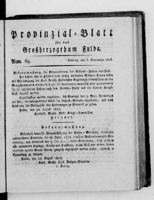 Num. 69., Ausgabe vom 3. September 1816