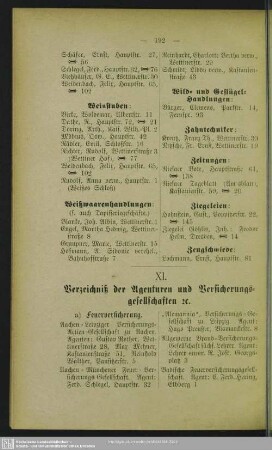 XI. Verzeichniß der Agenturen und Versicherungsgesellschaften etc.