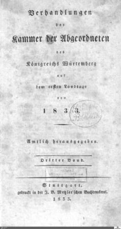 1,77: Landtag Württemberg - Kammer 2, Protokolle 1833-1. Landtag, Bd. 3