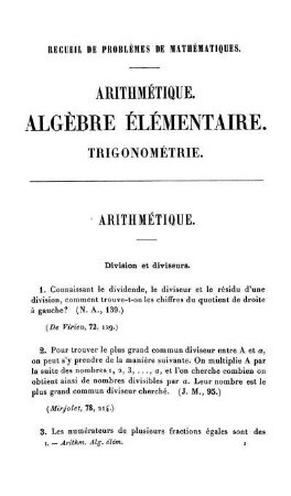 Recueil de Problemes de Mathèmatiques. Arithmétique. Algèbre Élémentaire.