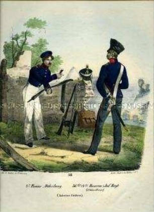 Uniformdarstellung, Pionier der 4. Pionier-Abteilung und Unteroffizier des 36. (4. Reserve-) Infanterie-Regiments in Interimsuniform, Preußen 1830. Aus: Elzholz u.a.: Das Preussische Heer. Tafel 38.