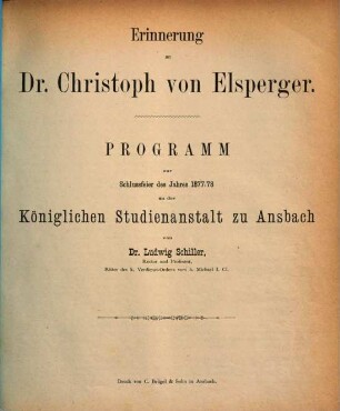 Erinnerung an Dr. Christoph von Elsperger