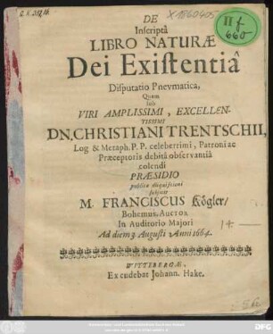 De Inscripta Libro Naturae Dei Existentia Disputatio Pneumatica