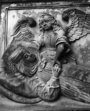 Grabstein für Magdalena Dorothea von Windheim : Grabstein für Magdalena Dorothea von Windheim (um 1658). Teilansicht mit Verstorbener und Todesengel. Barsinghausen, Ehemalige Augustinerklosterkirche