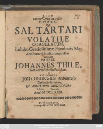 Disputatio Medico-Chymica, Qua Sal Tartari Volatile Coagulatum