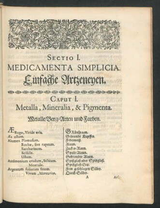 Caput I. Metalla, Mineralia, & Pigmenta. Metalle/ Berg-Arten und Farben.