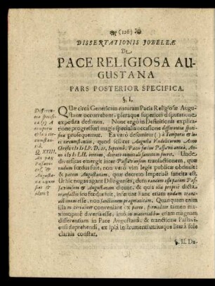 Dissertationis Iobeleae De Pace Religiosa Augustana Pars Posterior Specifica.