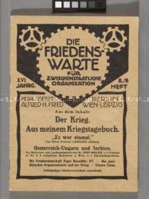 Pazifistische Monatszeitschrift "Die Friedenswarte" zum Beginn des 1. Weltkrieges
