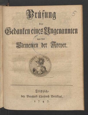 Prüfung der Gedanken eines Ungenannten von den Elementen der Körper