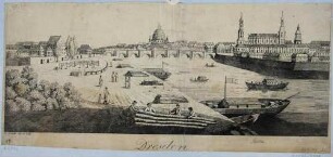 Stadtansicht von Dresden, Blick von der rechten Elbseite auf die Altstadt und die alte Augustusbrücke