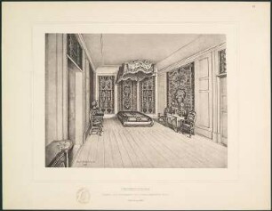 Hauptsäle des königl. Jagdschlosses Moritzburg. Gezeichnet von Paul Schulze. Dresden, 1897. Album mit Drucken nach Zeichnungen, Blatt III, Federzimmer, 36,3 x 28,0 cm (Blattformat). Dresden: SLUB Hist.Sax.H.70.m
