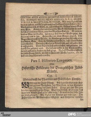 Pars I. Historico-Exegetica. Oder Historische Erklärung der Evangelischen Jubel-Müntze.