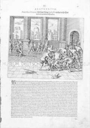 Pizarro lässt König Atahualpa ermorden - Illustration aus de Bry, Große und Kleine Reisen (Peru XI/11)