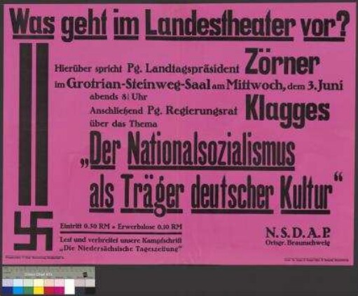 Plakat der NSDAP zu einer öffentlichen                                         Parteiveranstaltung am 3. Juni 1931 in                                         Braunschweig