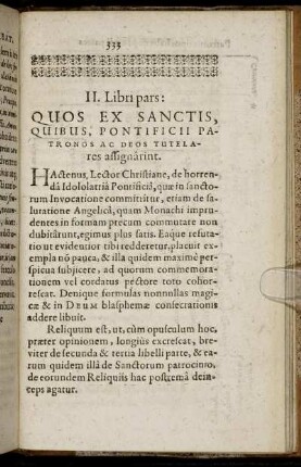 II. Libri pars: Quos Ex Sanctis, Quibus, Pontificii Patronos Ac Deos Tutelares assignarint