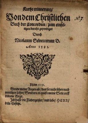 Kurtze erinnerung Von dem Christlichen Buch der Concordien