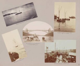 links oben: Handelsdampfer rechts oben: Kadettensegelboote Mitte: Hochbrücke von Levensau links unten: Segelyacht rechts unten: Torpedobootshafen