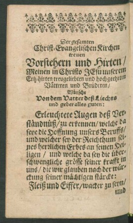 Der gesamten Christ-Evangelischen Kirchen treuen Vorstehern und Hirten / ...
