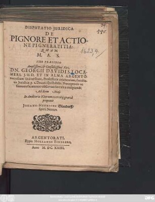 Disputatio Iuridica De Pignore Et Actione Pigneratitia
