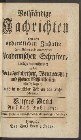 Eilftes Stück. Auf das Jahr 1752