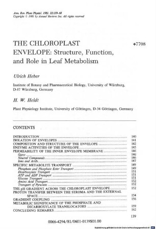 The chloroplast envelope : structure, function and role in leaf metabolism