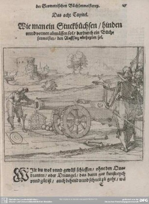 Das acht Capitel. Wie man ein Stuckbüchsen/ hinden unnd vornen abmässen sol/ dardurch ein Büchsenmeister/ den Auffsatz abtheylen sol.