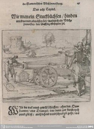 Das acht Capitel. Wie man ein Stuckbüchsen/ hinden unnd vornen abmässen sol/ dardurch ein Büchsenmeister/ den Auffsatz abtheylen sol.