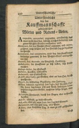 Unterschiedliche bey der Kauffmannschafft gebräuchlichen Wörter und Redens-Arten