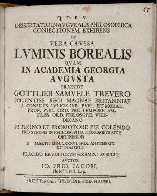 Dissertatio Inauguralis Philosophica Coniectionem Exhibens De Vera Caussa Luminis Borealis